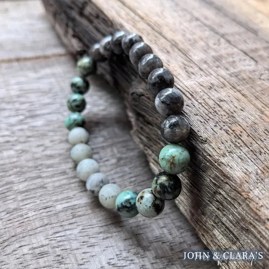 108 Natural Black Labradorite & African Turquoise Mala Bead Necklace