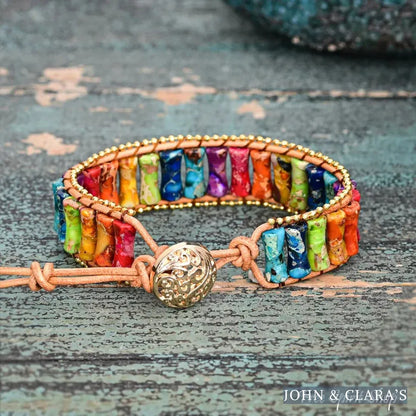 7 Chakra Jasper Tube Bead Leather Bracelet