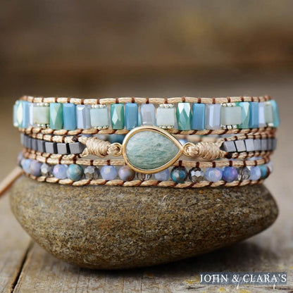 Natural Amazonite Drop & Crystal Bead Wrap Bracelet