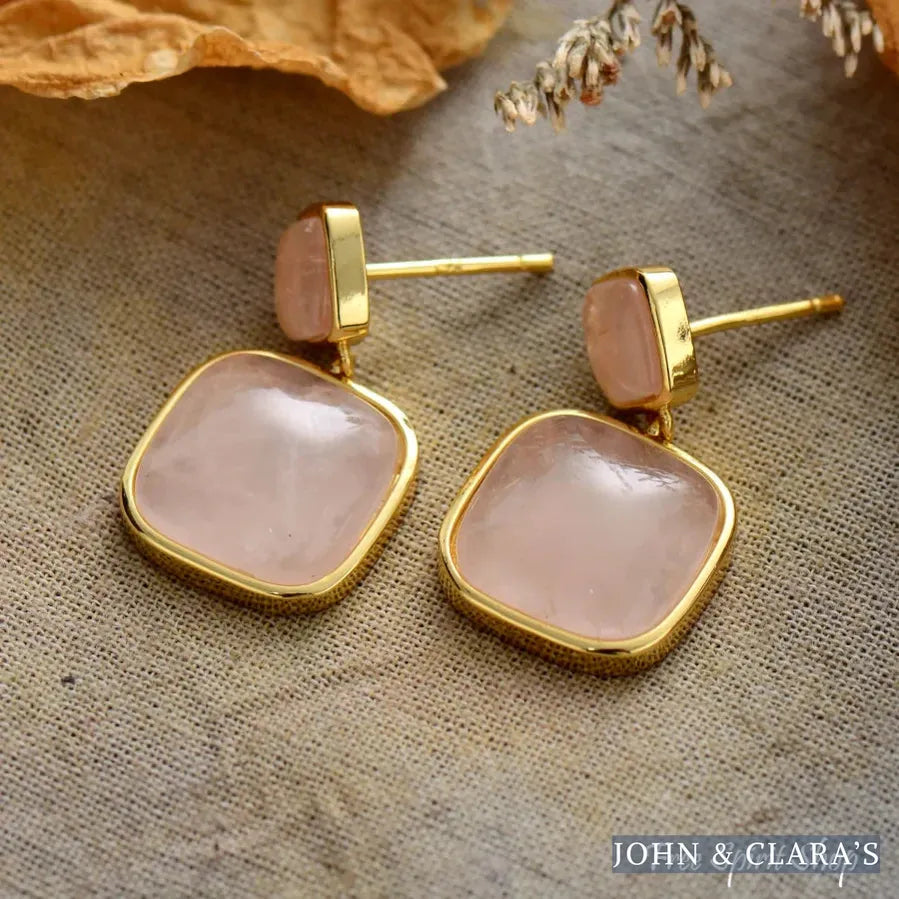 Natural Rose Quartz Square Dangle Earrings