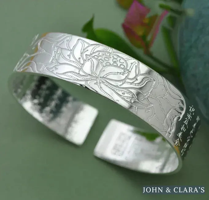 Buddhist Lotus & Heart Sutra Bangle Bracelet