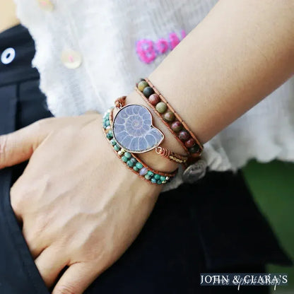 Natural Ammonite Fossil Jasper & African Turquoise Wrap Bracelet