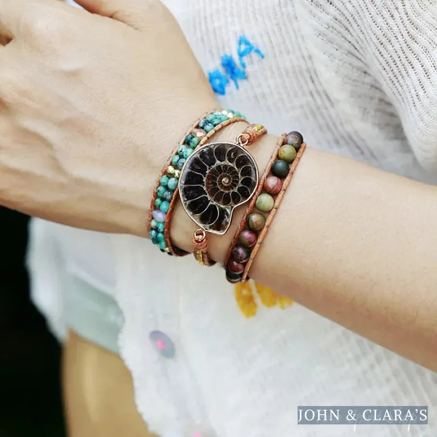 Natural Ammonite Fossil Jasper & African Turquoise Wrap Bracelet