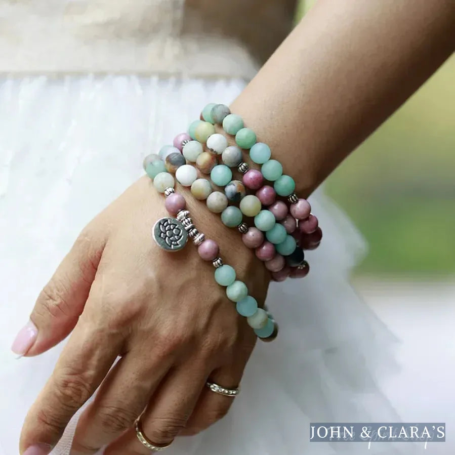 Natural Amazonite & Rhodonite 108 Bead Mala Bracelet