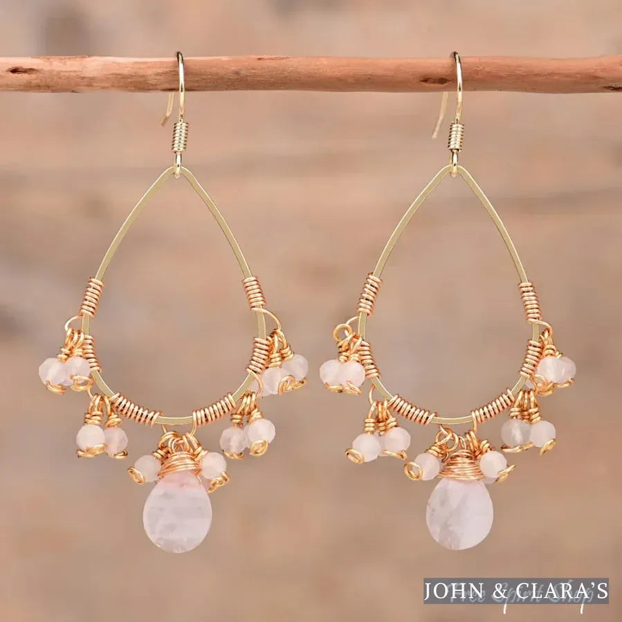 Natural Rose Quartz Crystal Bead Drop Earrings
