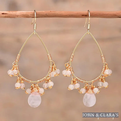 Natural Rose Quartz Crystal Bead Drop Earrings