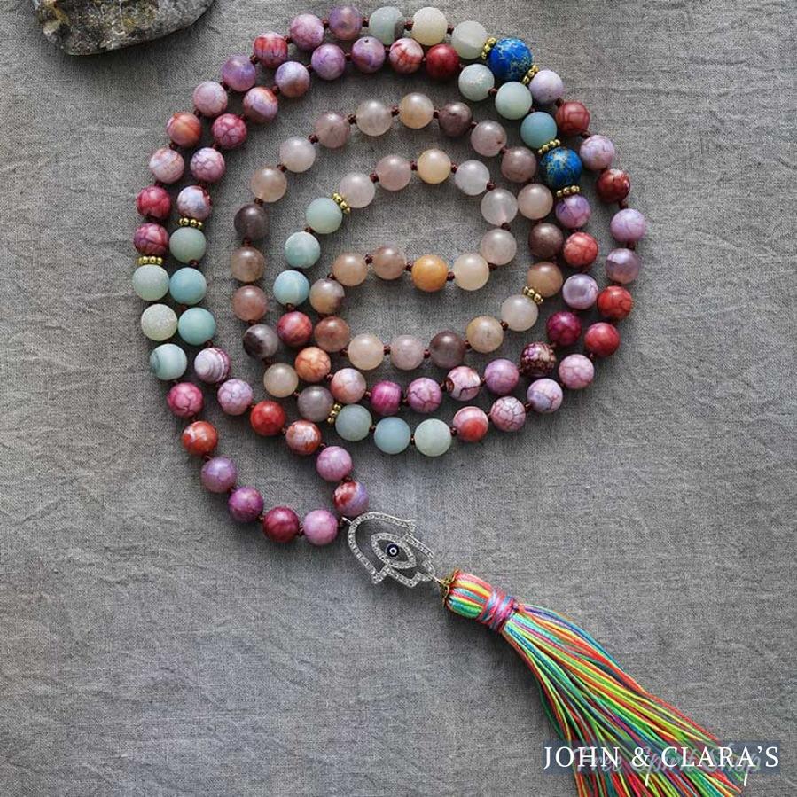 108 Purple Jasper Amazonite & Agate Hamsa Hand Mala Bead Necklace