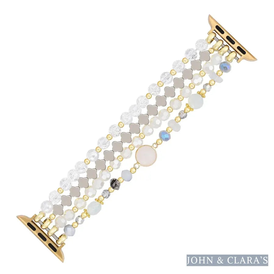 White Crystal Glow Beaded Apple Watch Band with Clover Charms