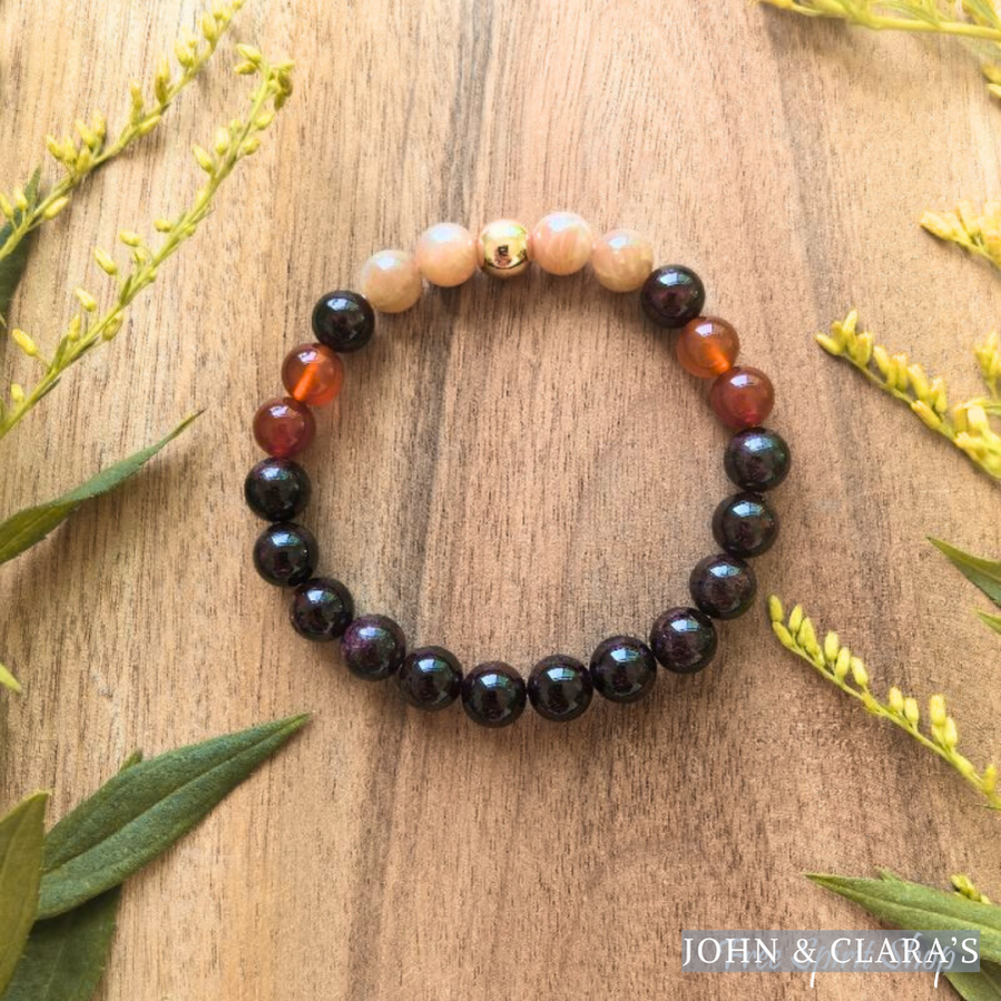 Natural Garnet Carnelian & Sunstone Bead Bracelet - Energy & Vitality