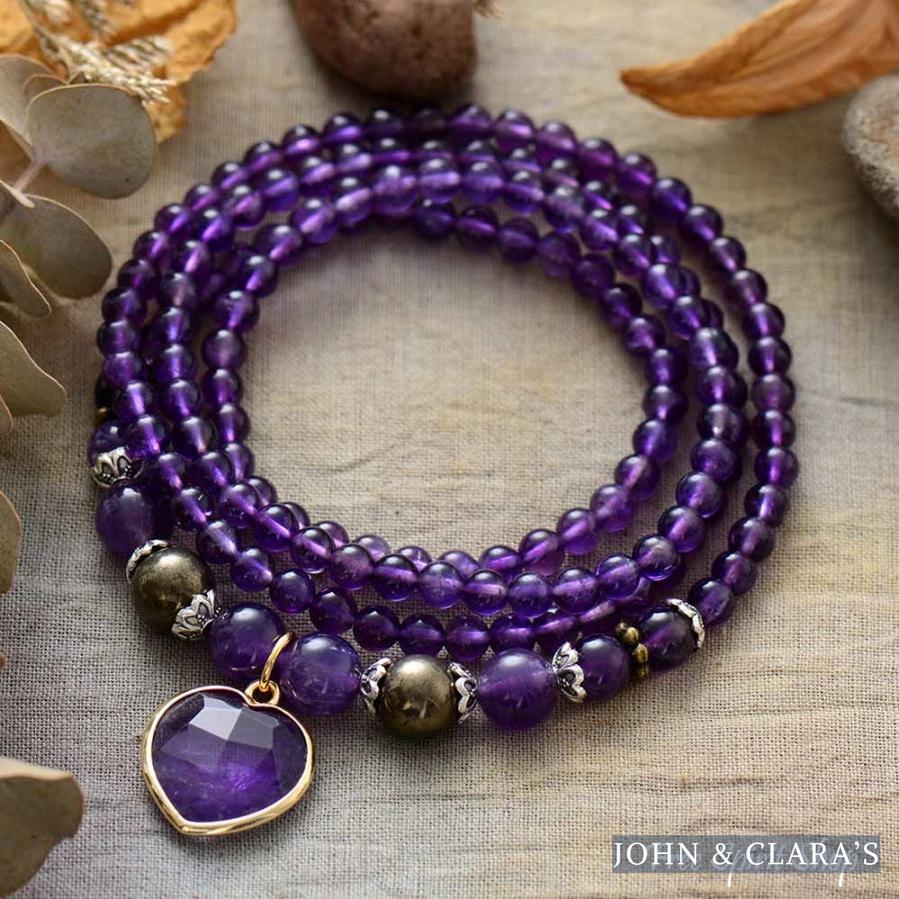 Amethyst & Heart Charm Bead Bracelet / Necklace