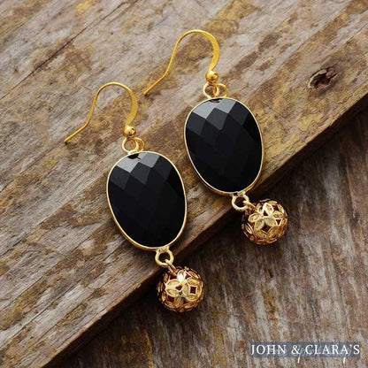Black Onyx Flower Ball Drop Earrings