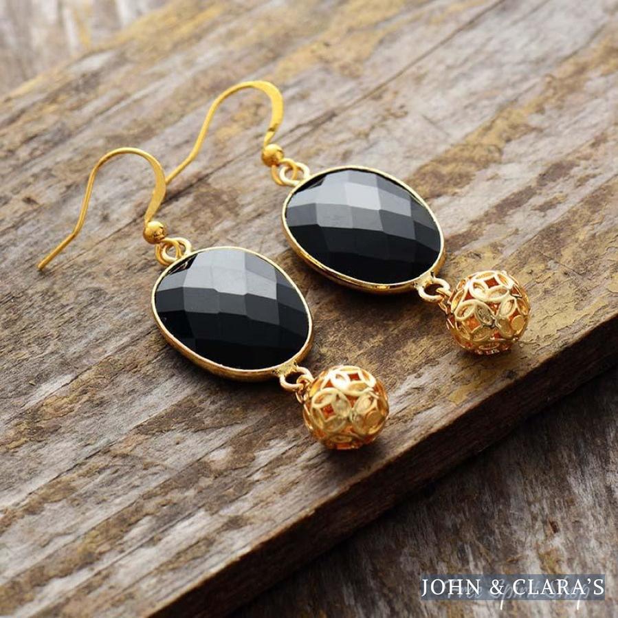 Black Onyx Flower Ball Drop Earrings