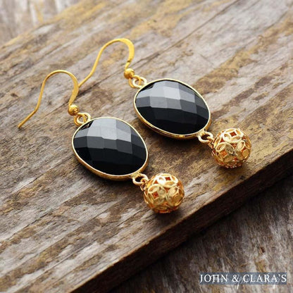 Black Onyx Flower Ball Drop Earrings