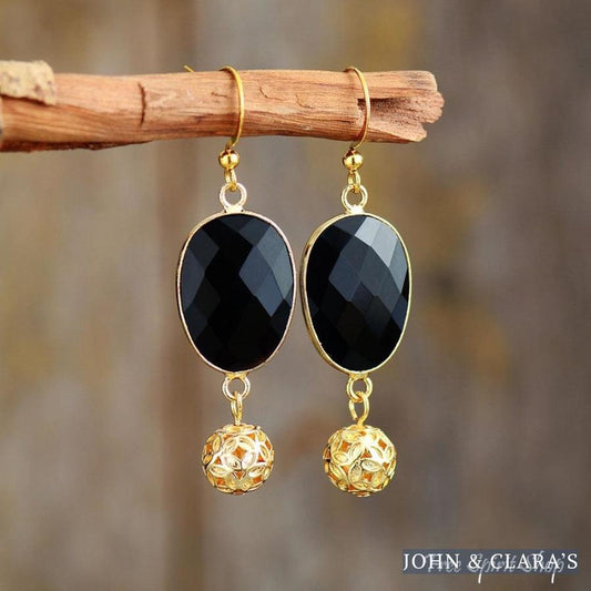 Black Onyx Flower Ball Drop Earrings