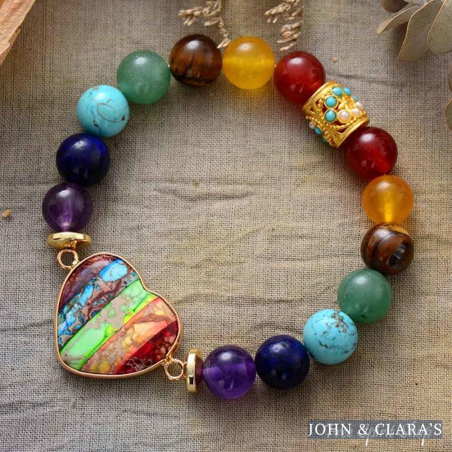 Chakra Stones & Rainbow Heart Bead Bracelet