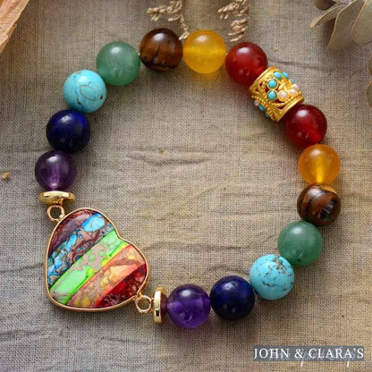 Chakra Stones & Rainbow Heart Bead Bracelet