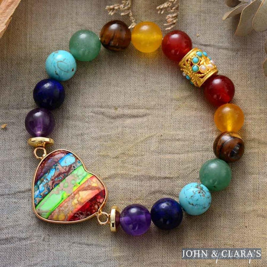 Chakra Stones & Rainbow Heart Bead Bracelet