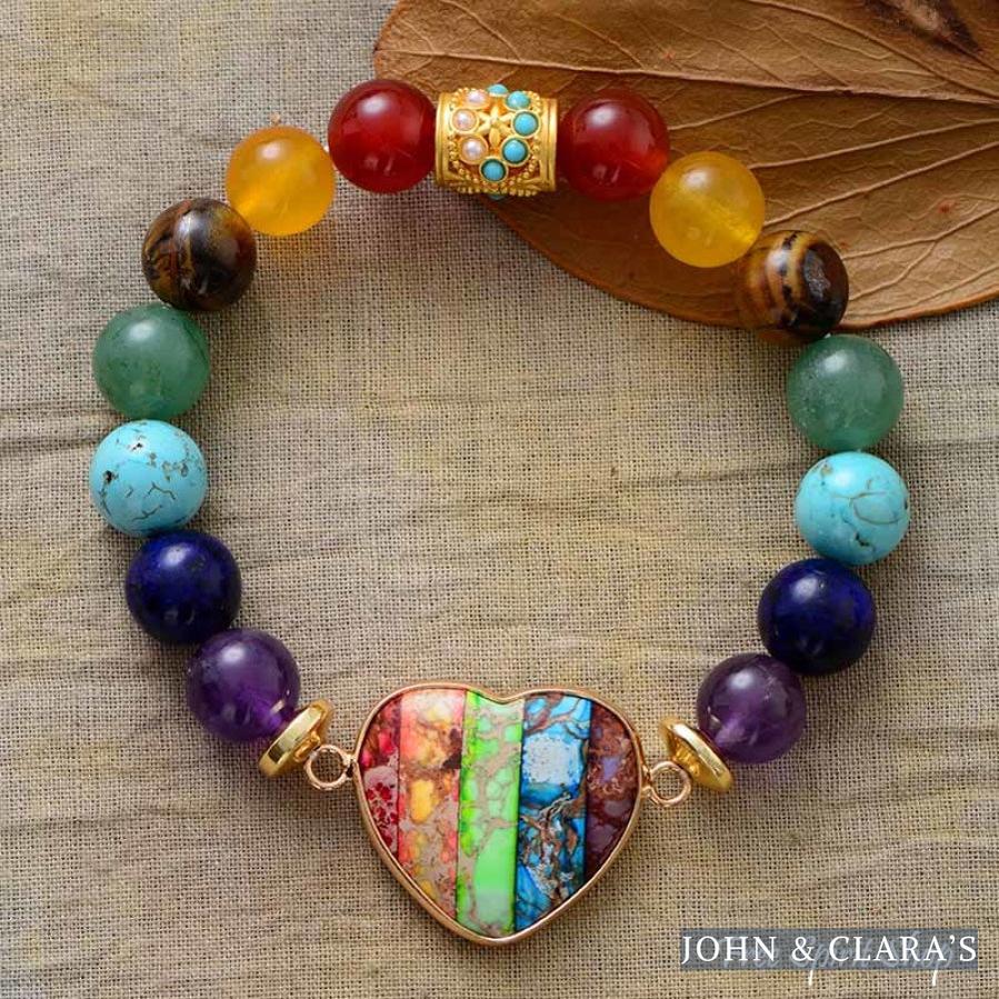 Chakra Stones & Rainbow Heart Bead Bracelet