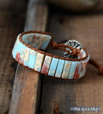 Handmade Blue Shoushan Stone Leather Wrap Bracelet