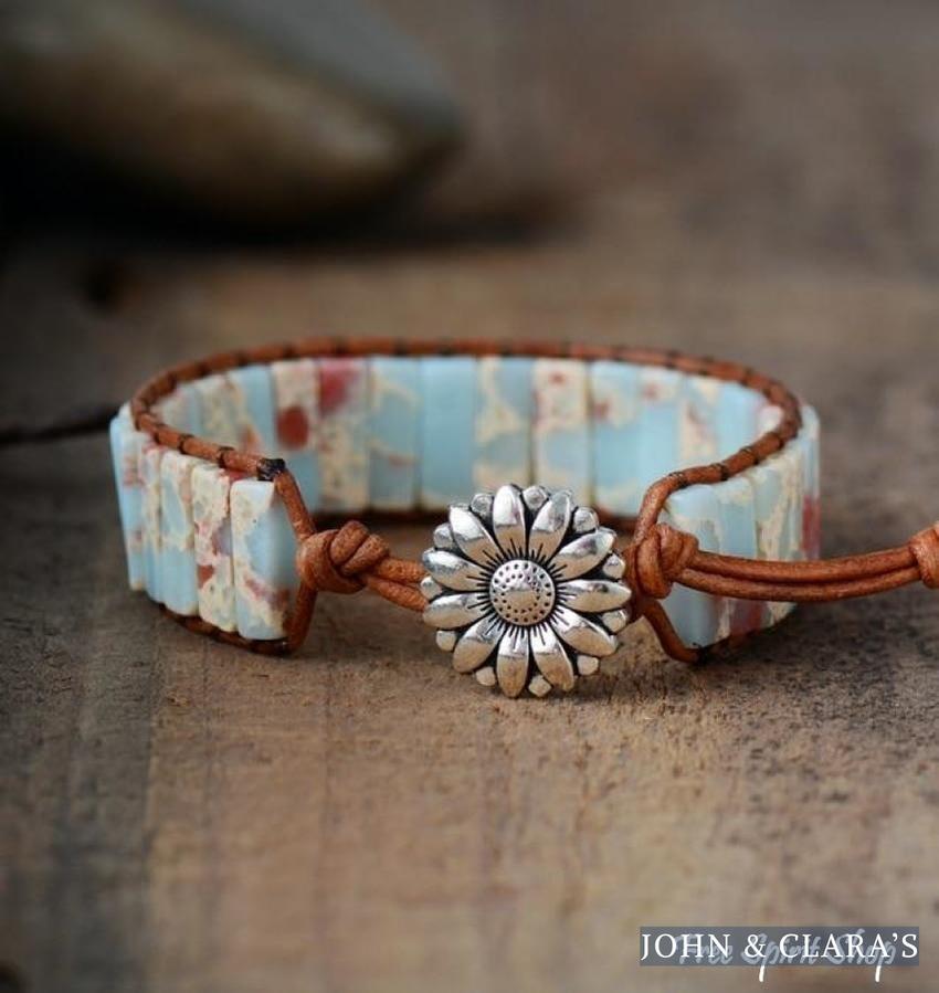 Handmade Blue Shoushan Stone Leather Wrap Bracelet