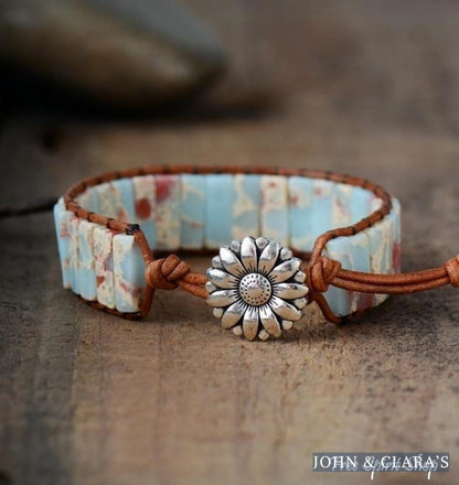 Handmade Blue Shoushan Stone Leather Wrap Bracelet