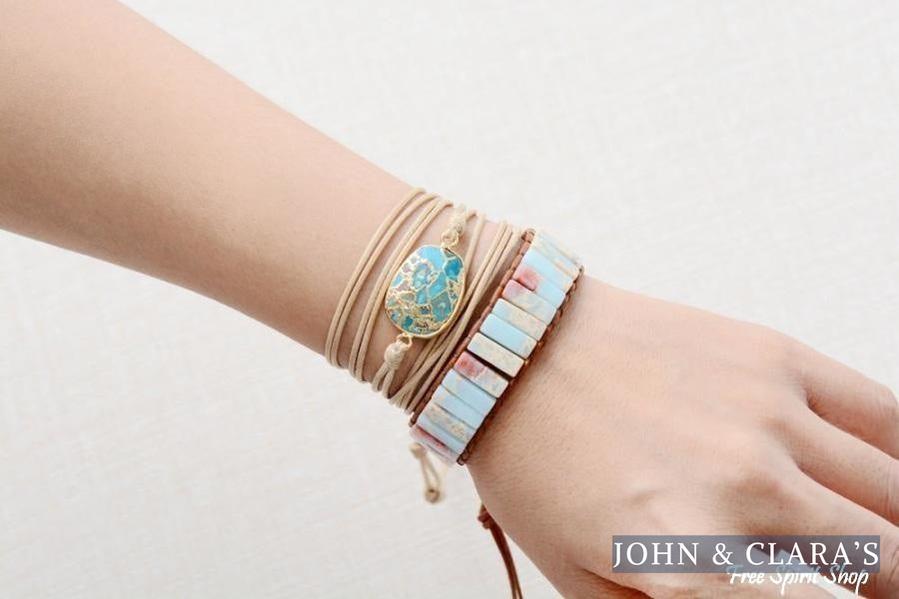 Handmade Blue Shoushan Stone Leather Wrap Bracelet