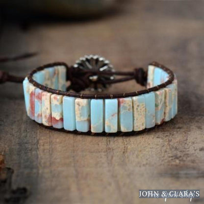 Handmade Blue Shoushan Stone Leather Wrap Bracelet