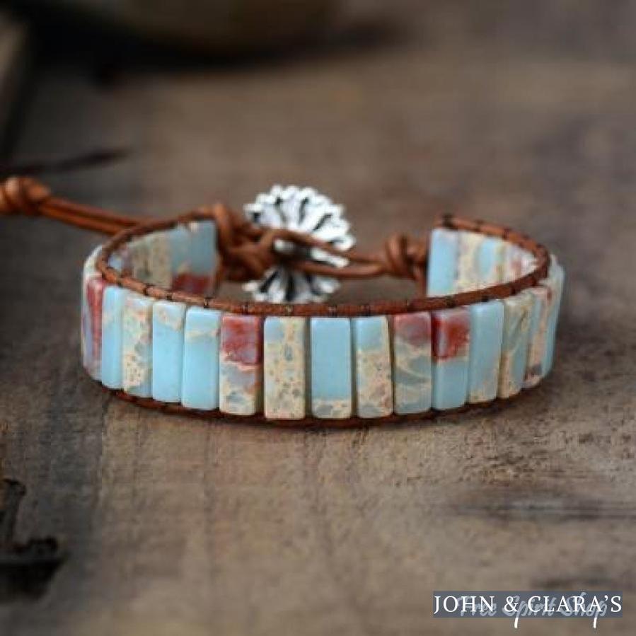 Handmade Blue Shoushan Stone Leather Wrap Bracelet