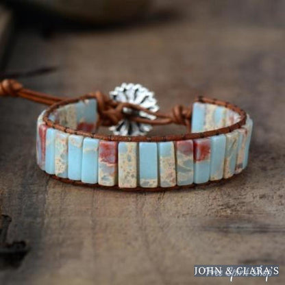 Handmade Blue Shoushan Stone Leather Wrap Bracelet
