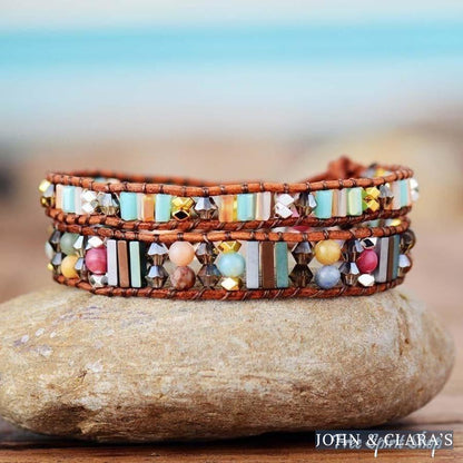 Handmade Boho Crystal Leather Wrap Bracelet