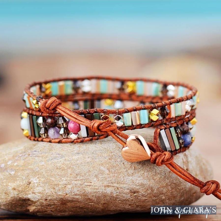 Handmade Boho Crystal Leather Wrap Bracelet