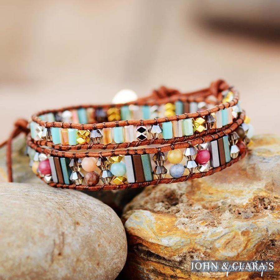 Handmade Boho Crystal Leather Wrap Bracelet