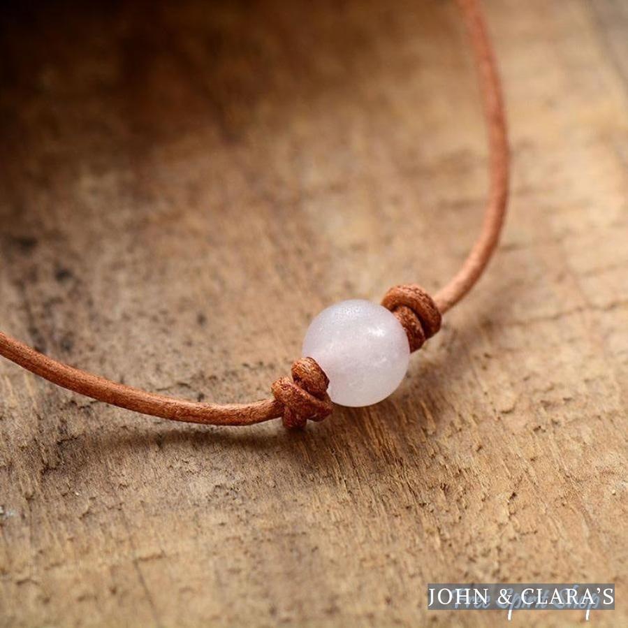 Handmade Leather & Rose Quartz Bead Choker Necklace