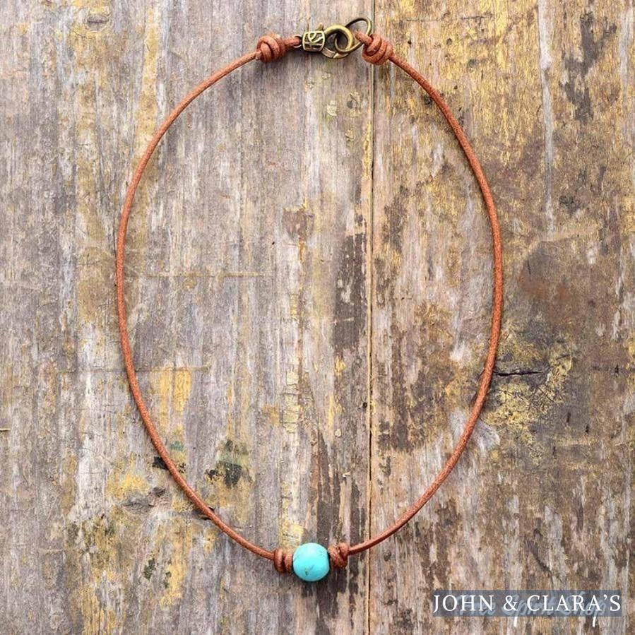 Handmade Leather & Turquoise Bead Choker Necklace