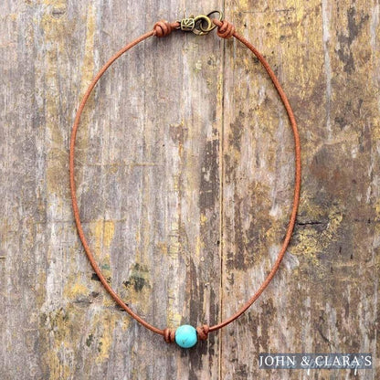 Handmade Leather & Turquoise Bead Choker Necklace