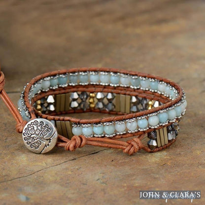 Handmade Natural Amazonite & Crystal Bead Wrap Bracelet