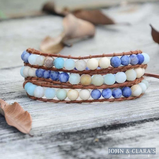 Handmade Natural Amazonite & Sodalite Leather Wrap Bracelet