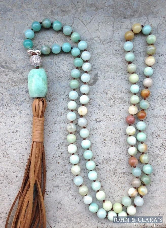 Handmade Natural Amazonite Stone & Leather Tassel Necklace