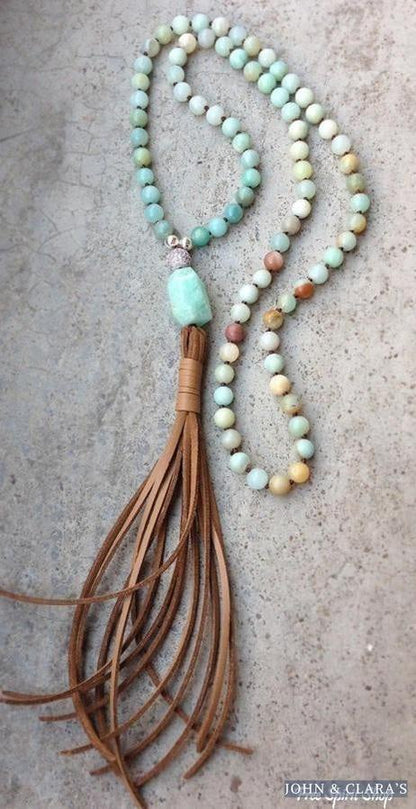 Handmade Natural Amazonite Stone & Leather Tassel Necklace