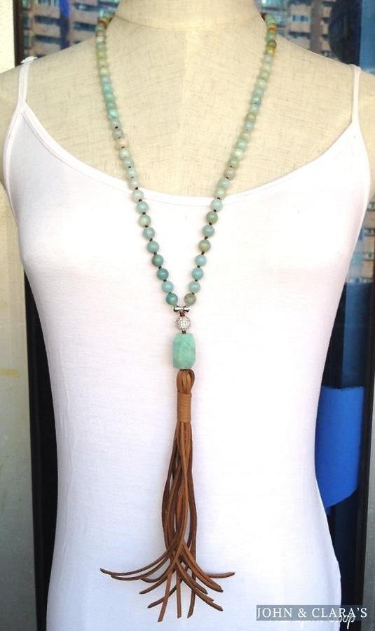 Handmade Natural Amazonite Stone & Leather Tassel Necklace