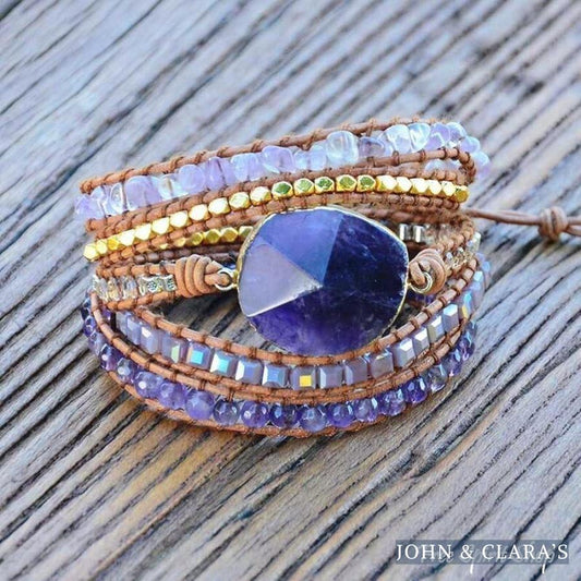 Handmade Natural Amethyst Gemstone Leather Wrap Bracelet