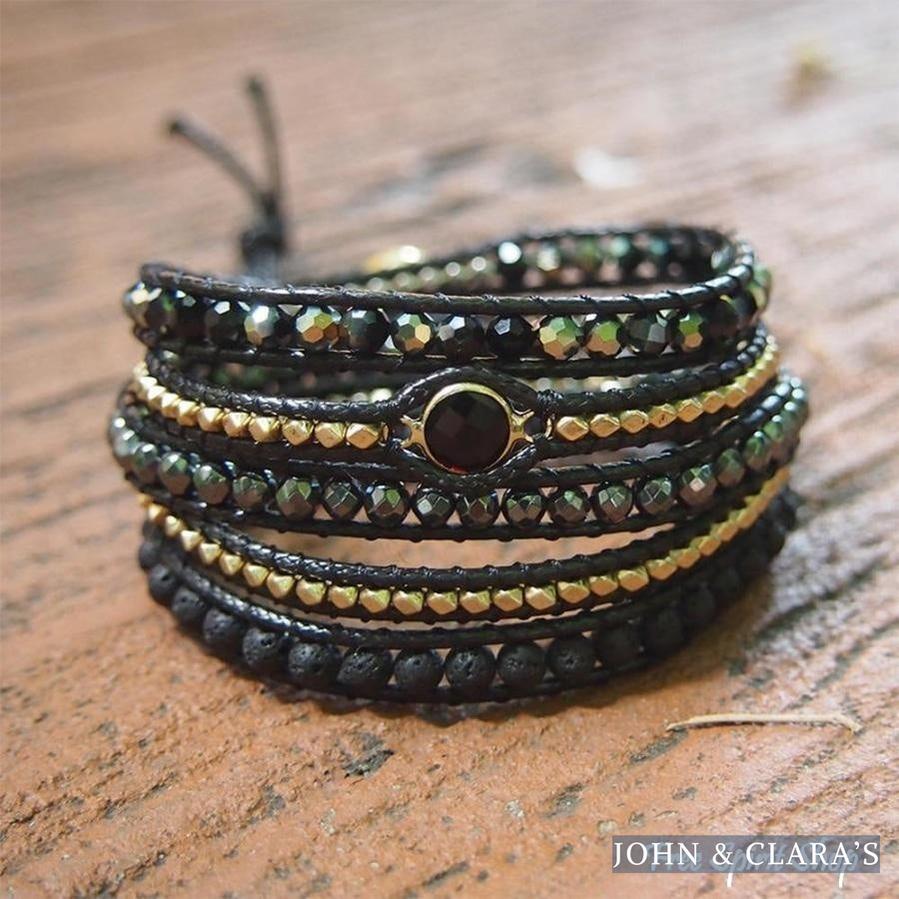 Handmade Natural Black Lava Stone & Hematite Gemstone Wrap Bracelet