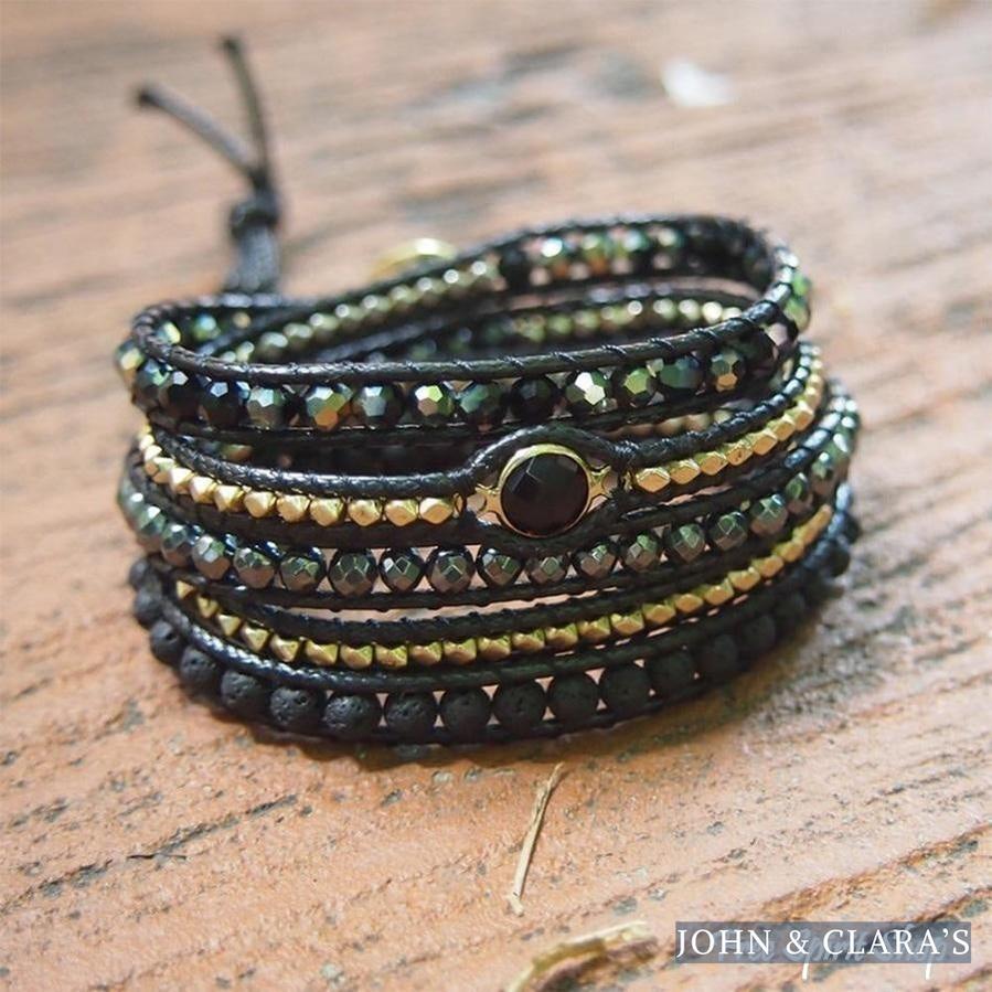 Handmade Natural Black Lava Stone & Hematite Gemstone Wrap Bracelet