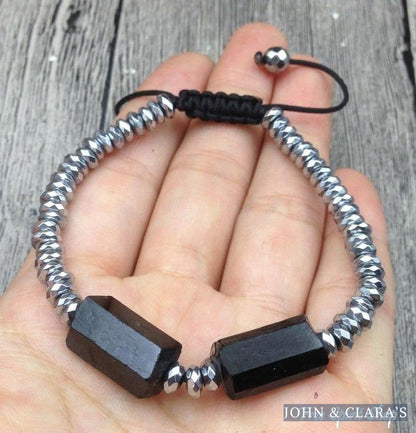Handmade Natural Black Toumaline & Hematite Gemstone Beads Bracelet