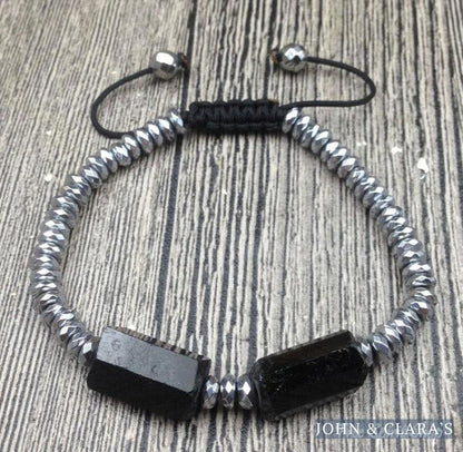Handmade Natural Black Toumaline & Hematite Gemstone Beads Bracelet