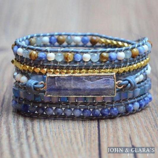 Handmade Natural Blue Topaz Sodalite & Howlite Gemstone Leather Wrap Bracelet