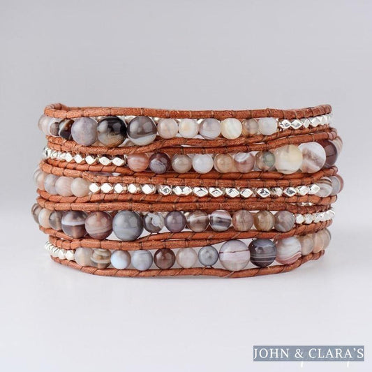 Natural Botswana Agate Gemstone Leather Wrap Bracelet