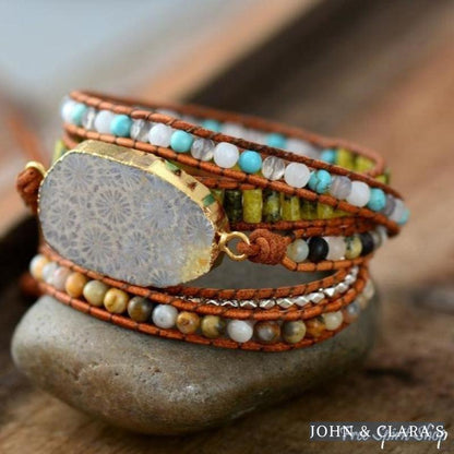 Handmade Natural Chrysanthemum Gemstone Leather Wrap Bracelet