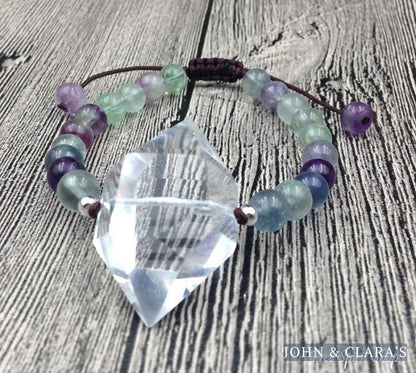 Handmade Natural Fluorite & Clear Quartz Adjustable Bracelet