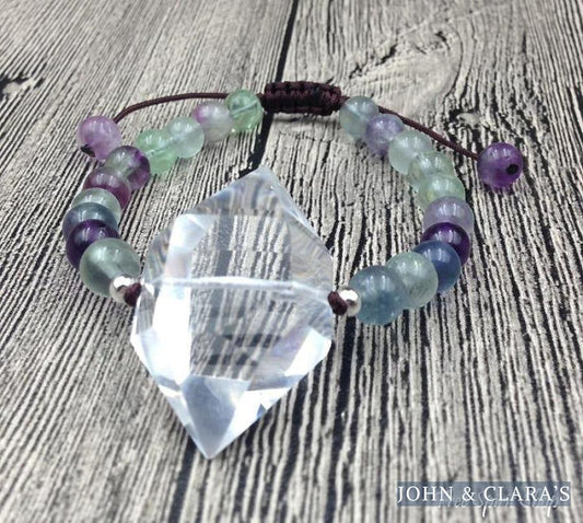 Handmade Natural Fluorite & Clear Quartz Adjustable Bracelet